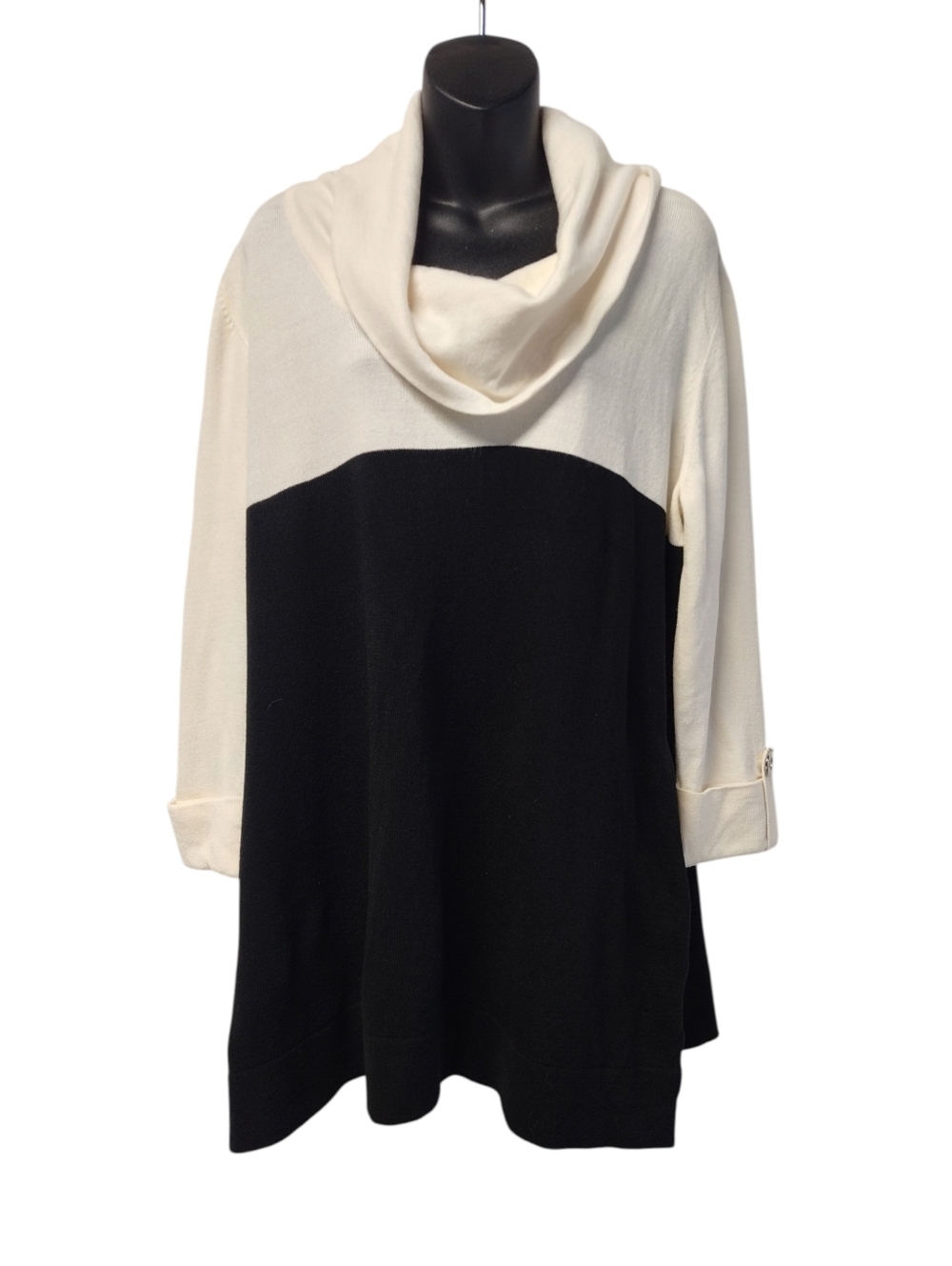 NWT JM Collection Cozy Yarn Black Cream Cowl Neck Sweater Size L 3/4 Tab Sleeve - Picture 1 of 8
